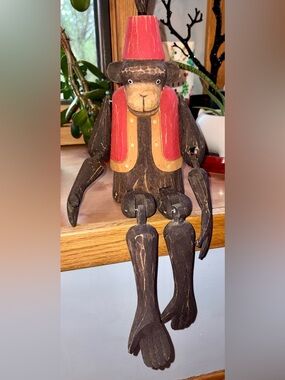 Vintage Wooden Bellboy Monkey Shelf Sitter, Hand Carved